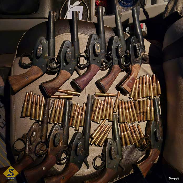 10 guns, over 50 rounds of ammunition recovered from the house, 2 arrested