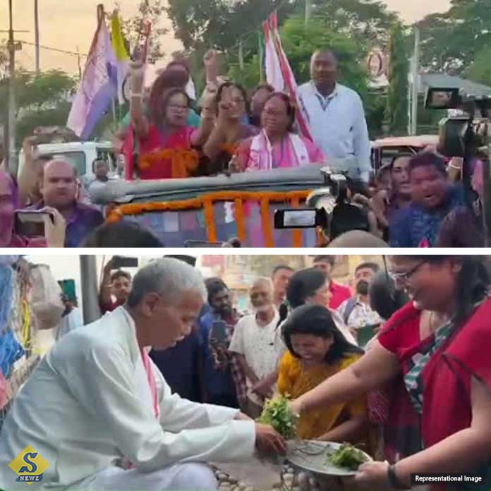 Wife's victory procession, MP husband's selling vegetables on the street